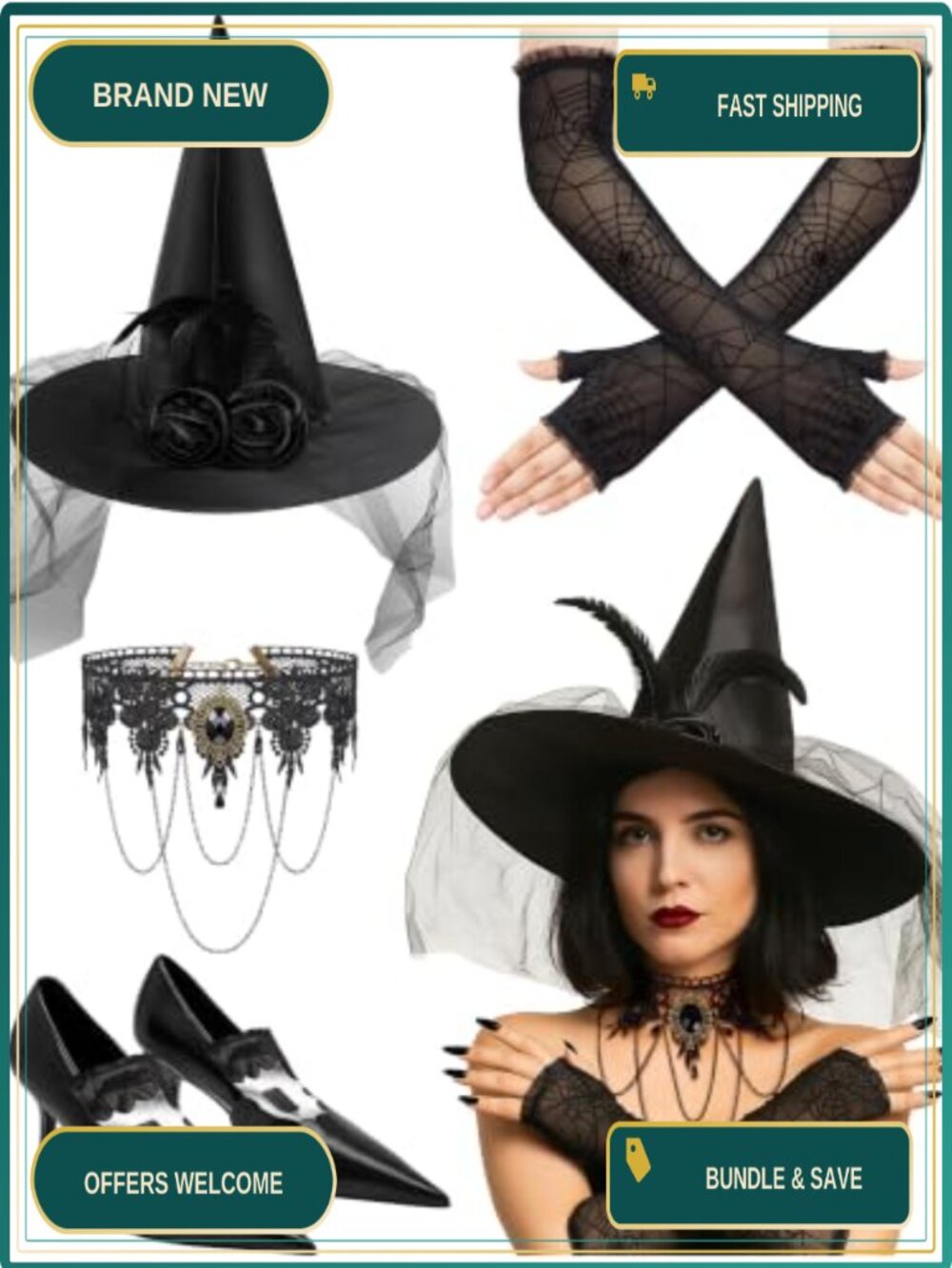 4 Pack Halloween Witch Costume Accessories Set Hat Gloves Shoe Covers Necklace